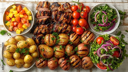 Wallpaper Mural Grilled Food Platter with Potatoes, Salad and Cherry Tomatoes Torontodigital.ca