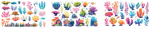 Various underwater marine life creatures - corals and reefs, fishes, seaweeds and algae. Cartoon illustration set of ocean and marine creatures. Tropical sea life elements.
