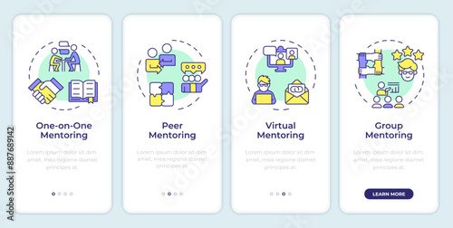 Types of mentoring onboarding mobile app screen. Walkthrough 4 steps editable graphic instructions with linear concepts. UI, UX, GUI template. Montserrat SemiBold, Regular fonts used