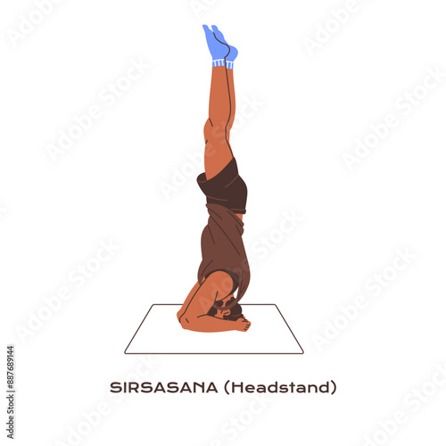 Tutorial of Headstand side view. Sportsman practices balance in handstand yoga posture. Young man training upside down asana, sport exercises. Flat isolated vector illustration on white background