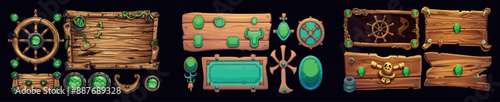 Modern wood pirate UI games board. Wooden texture menu interface with arrows, panels and signs. Metal web plank for medieval mobile apps. Fantasy brown plates.