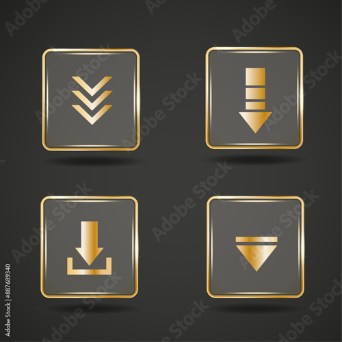 Download/upload arrow sign. Glass golden metal button. Website element  photo