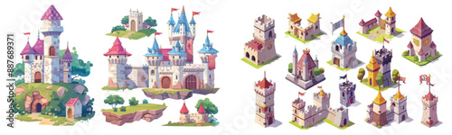 Set of medieval castle icons. Ancient fairytale fort and fantasy building architecture exterior. Citadel collection design with flag. Princess tower illustration.