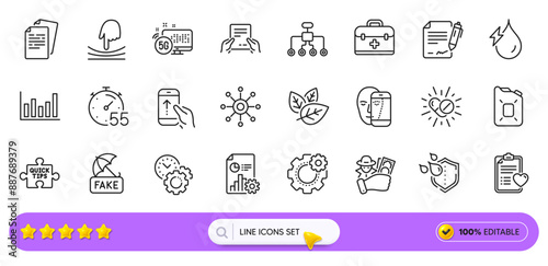 Elastic, Fake news and Fraud line icons for web app. Pack of Multichannel, Hydroelectricity, 5g internet pictogram icons. Timer, Restructuring, Patient history signs. Receive file. Search bar. Vector
