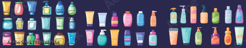 Cartoon of skincare product and lotion bottle. Skin care and beauty cosmetic jar with body cream icon set. Hair shampoo container pack. Isolated spa and hygiene gel packaging set.