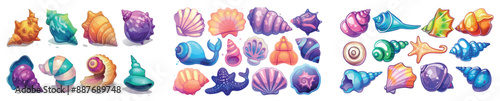 Cartoon illustration of a seashell, seashell shells, and conch with pearls. Colorful nautical or aquarium spirals and scallops.