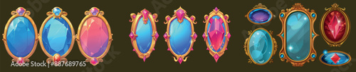 This magical vintage mirror features gold, wooden, and metallic curly decorative frames, gemstones, and a glowing neon looking glass. This set features a cartoon of a fairytale antique mystery
