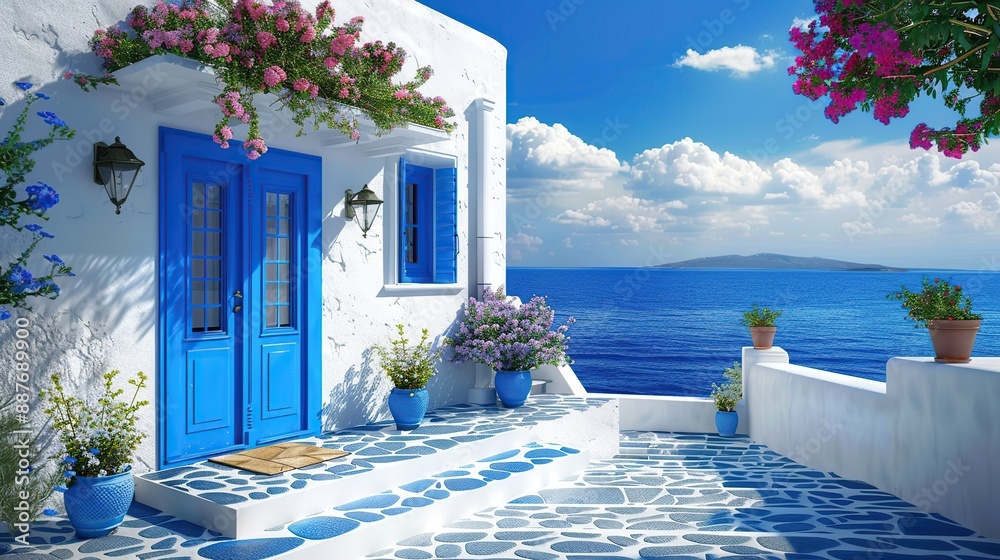 Naklejka premium Beautiful greek house with blue door and window, stairs leading to the ocean in front of it, greece landscape, blue sky, white walls, blue tiles on roof. copy space for text.
