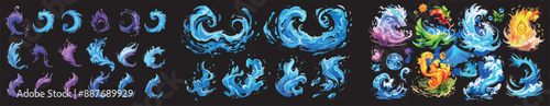 Water tornado modern sprite set on dark background. A modern illustration with neon blue vortex and magic power vfx. Disaster design elements for games.