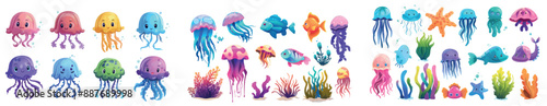 Cartoon illustration of sea underwater coral and jellyfish isolated on white background. Fish and seaweed icon on ocean bottom life. Aquatic world creature and coral reef nature.