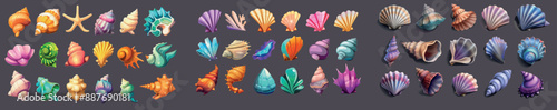 Modern cartoon illustration of oyster shell with pearl, mollusk, snail and jewelry souvenir collection with seashells on black background.