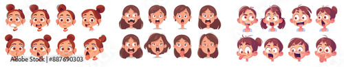 An animation kit of a child avatar with various positions of her lips and tongue during a pronunciation of English alphabet.