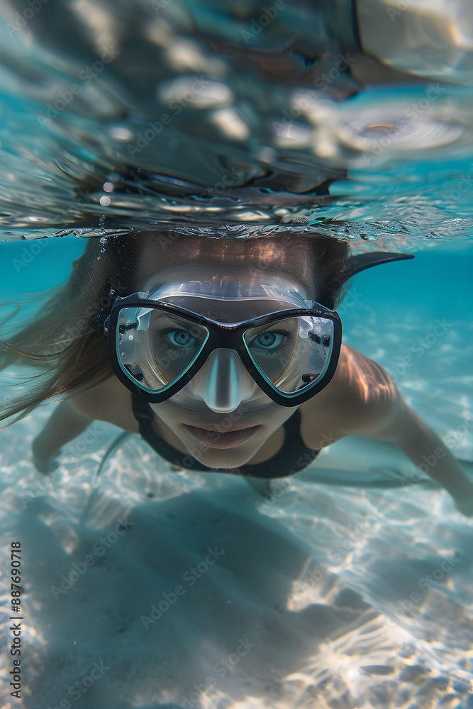 Fototapeta premium A beautiful young girl submerged under the surface of shallow water. The concept of a pleasant holiday by the sea