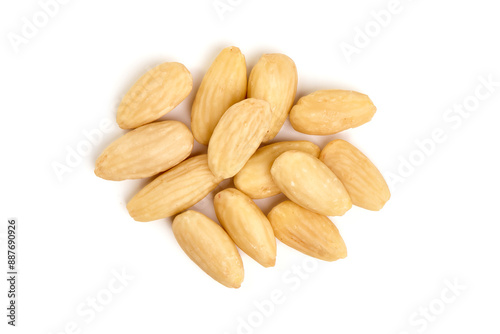 Blanched almond nuts, isolated on white background.