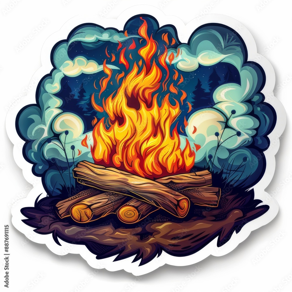 Camping wildlife adventure illustration icon for logo - Sticker label of campfire bonfire burning with flames, wildlife forest trees landscape, isolated on white background Camping wildlife adventure illustration icon for logo - Sticker label of campfire bonfire burning with flames, wildlife forest trees landscape, isolated on white background