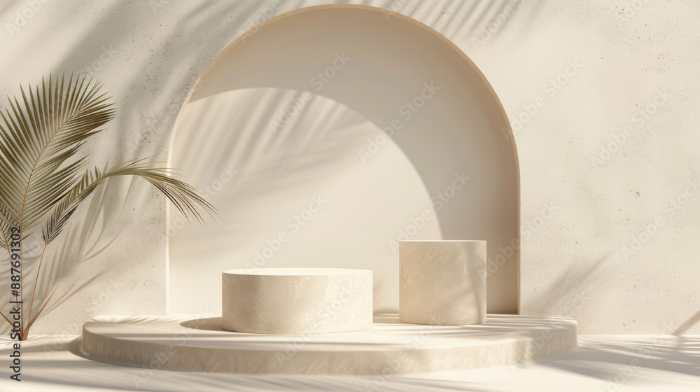 A minimal product display featuring a neutral beige background with soft shadows creates an elegant and serene aesthetic. 