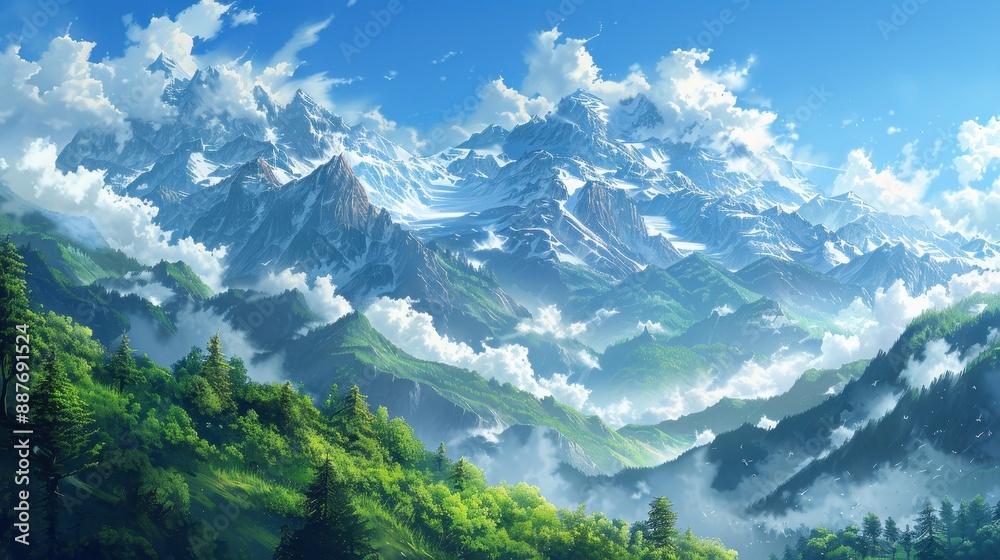Misty Mountain Range With Snow-Capped Peaks Misty Mountain Range With Snow-Capped Peaks