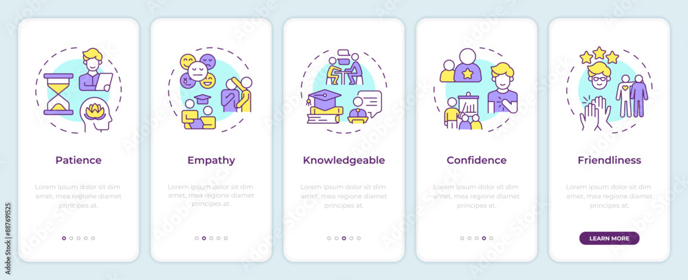 Qualities of great mentor onboarding mobile app screen. Walkthrough 5 steps editable graphic instructions with linear concepts. UI, UX, GUI template. Montserrat SemiBold, Regular fonts used Qualities of great mentor onboarding mobile app screen. Walkthrough 5 steps editable graphic instructions with linear concepts. UI, UX, GUI template. Montserrat SemiBold, Regular fonts used