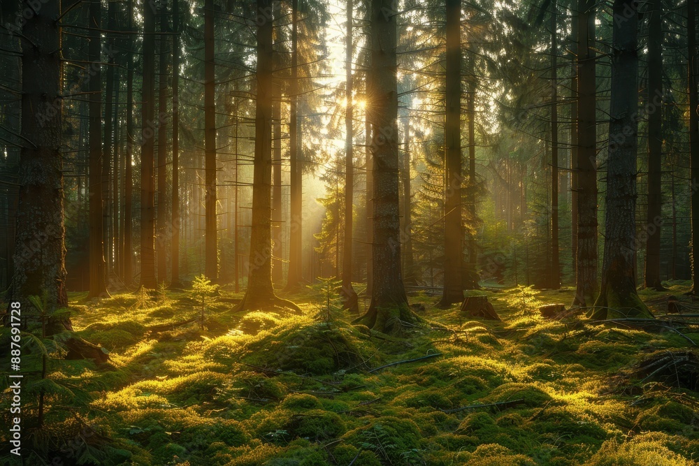 Fototapeta premium Sunbeams Through Pine Trees in a Forest