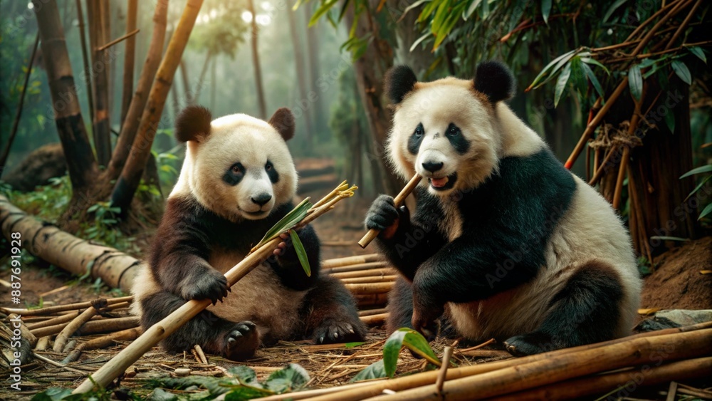 Fototapeta premium A pair of pandas in a bamboo forest, one panda handing a bamboo shoot to the other, surrounded by thick, green bamboo stalks and a peaceful, misty atmosphere.