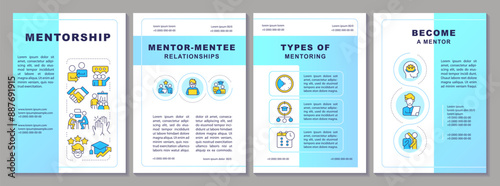 Mentorship blue brochure template. Mentor-mentee relationship. Leaflet design with linear icons. Editable 4 vector layouts for presentation, annual reports. Arial-Black, Myriad Pro-Regular fonts used