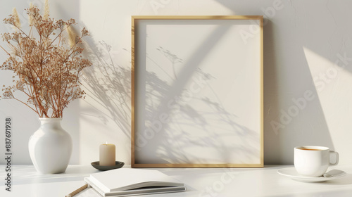 A Nordic-style home office desk in the living room features a picture frame mockup, a candle, dry flowers in a vase, a cup of tea, and a paper notebook on a white table.