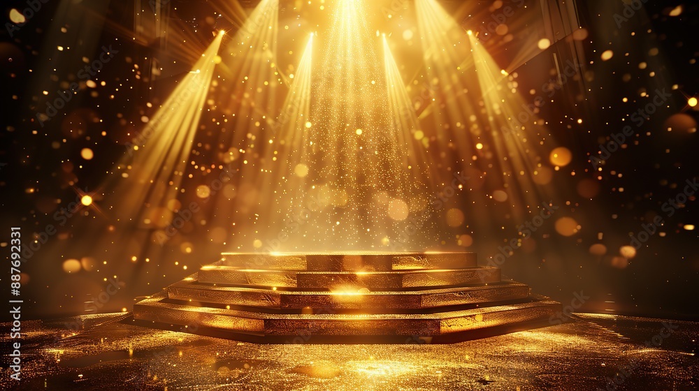 Fototapeta premium Gold light show stage. Abstract spotlight podium. Golden concert or winner ceremony studio with glitter and platform. Shiny bright night club event 3d stairs pedestal background design.