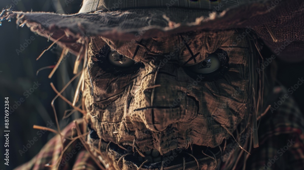 Fototapeta premium Creepy scarecrow face, stitched mouth, photorealistic, Halloween horror