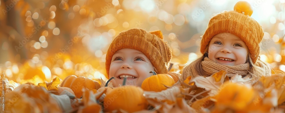 Two kids in fall foliage, smiling, surrounded by pumpkins. Two kids in fall foliage, smiling, surrounded by pumpkins.