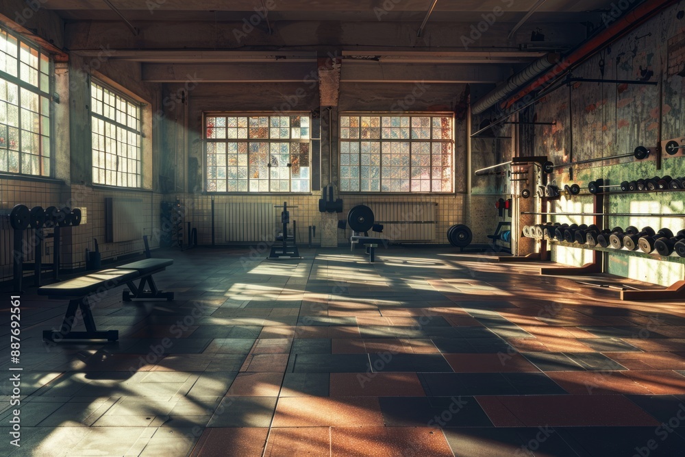 Gym, empty gym, sun rays coming through the gym windows creating shadows in an empty modern fitness room, interior full of weights, bars and racks, cinematic Gym, empty gym, sun rays coming through the gym windows creating shadows in an empty modern fitness room, interior full of weights, bars and racks, cinematic