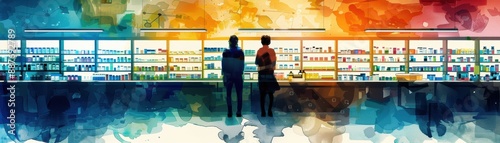 A watercolor painting depicting two people buying medicine at a pharmacy counter, capturing the everyday routine of purchasing medication with delicate and artistic strokes.
