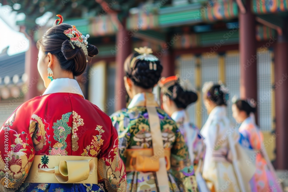 A traditional Korean hanbok fashion show, with models wearing colorful and elaborate hanboks, set against the backdrop of an ancient palace A traditional Korean hanbok fashion show, with models wearing colorful and elaborate hanboks, set against the backdrop of an ancient palace