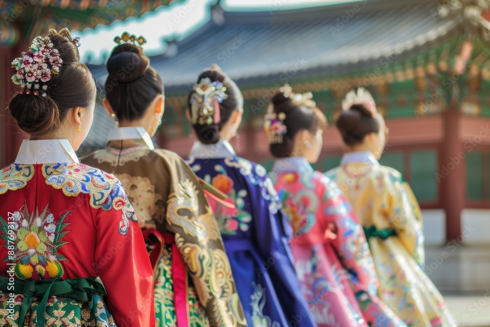A traditional Korean hanbok fashion show, with models wearing colorful and elaborate hanboks, set against the backdrop of an ancient palace A traditional Korean hanbok fashion show, with models wearing colorful and elaborate hanboks, set against the backdrop of an ancient palace