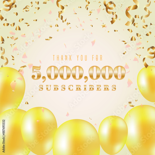 5M subscribers celebration design. Gold text with baloons on light background. Luxurious 5M subscribers logo post banner for social media.