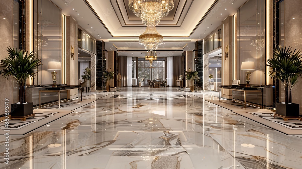 Obraz premium Luxury hotel lobby with chandelier and elegant marble flooring. copy space for text.