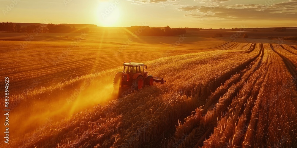 Fototapeta premium Tractor Harvesting Wheat Field at Sunset in Rural Landscape