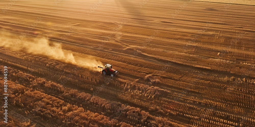 Obraz premium Aerial View of Tractor Harvesting a Field at Sunset