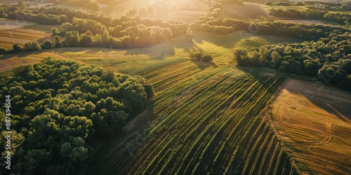 Aerial View of Vineyard Rows at Sunset in Rural Area