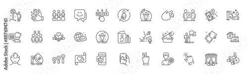 Remove team, Inflation and Search app line icons. Pack of Correct checkbox, Recovered person, Passport icon. Leadership, Cursor, Washing hands pictogram. Smile face, World mail, Victory hand. Vector
