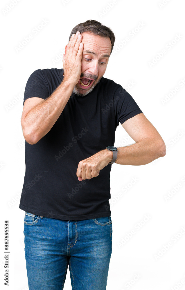 Handsome middle age hoary senior man over isolated background Looking at the watch time worried, afraid of getting late Handsome middle age hoary senior man over isolated background Looking at the watch time worried, afraid of getting late