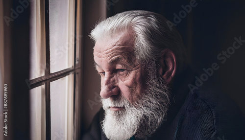 Staring sadly and gloomily out of the window. A feeling of being alone, depression, sadness. Old man. photo