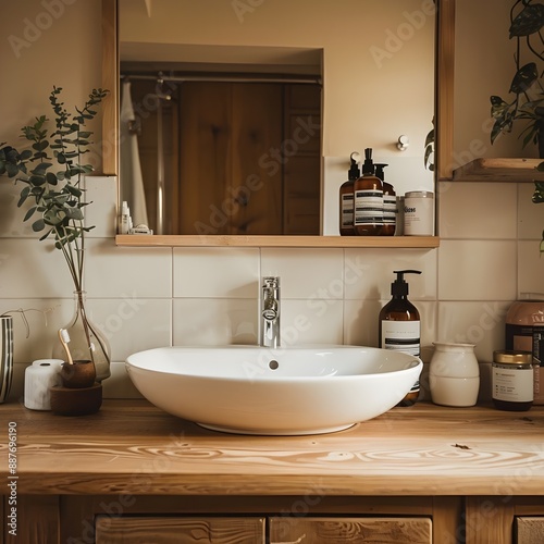 Cozy bathroom vanity with wooden counter and simple sink