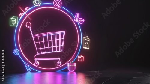 Neon Shopping Cart with Surrounding Icons