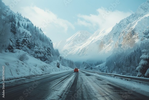 a red car driving down a snow covered road