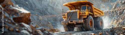 Yellow dump truck driving through a rocky terrain.