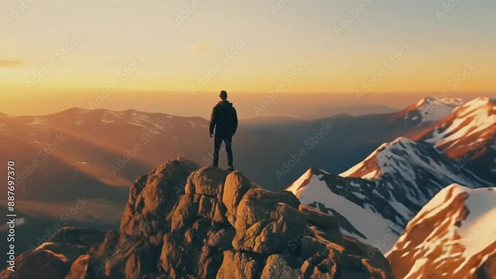Man admiring sunset from mountain top in natural landscape