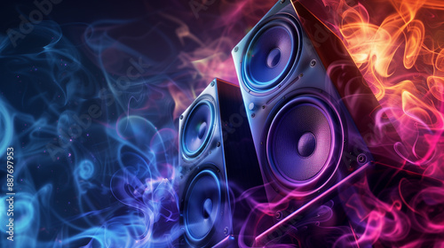 The abstract musical background is dominated by loudspeakers, their rims pulsating to the rhythm of the music.
 photo