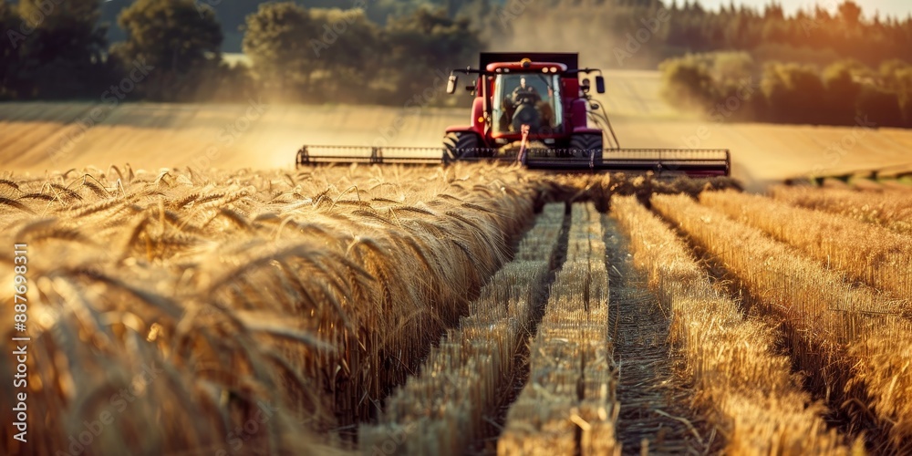 Fototapeta premium A Red Combine Harvester Cuts Wheat in a Golden Field During Harvest