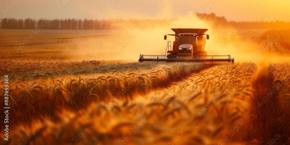 Golden Hour Wheat Harvest in a Rural Field Golden Hour Wheat Harvest in a Rural Field