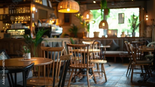 Comfortable seating area in a coffee shop with warm, ambient lighting, rustic wooden furniture, and a cozy atmosphere